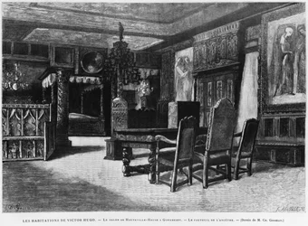 Huizen van Victor Hugo, de lounge in Hauteville huis in Guernsey, de fauteuil van de voorouder, gegraveerd door Fortune Louis Meaulle (1844-1901)