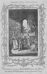 Dunstan sleurt koning Edwy weg van zijn gemalin, koningin Ethelgiva, op de dag van zijn kroning, 1773.