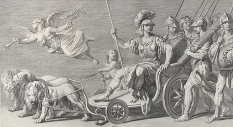 Mars op een strijdwagen getrokken door drie leeuwen, 1749.