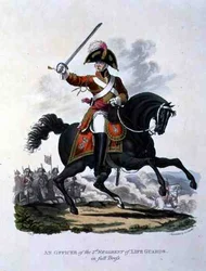 Een officier van het 2e regiment van de Life Guards in vol ornaat, gegraveerd door Joseph Constantine Stadler