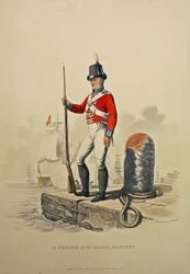 Een soldaat van de koninklijke mariniers, gegraveerd door Joseph Constantine Stadler, gepubliceerd 1815