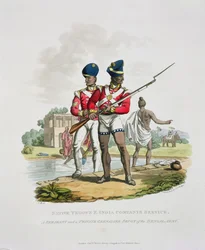 Inheemse troepen in dienst van de Oost-Indische Compagnie: een sergeant en een grenadier sepoy van het Bengaalse leger, gegraveerd door Joseph Constantine Stadler, 1815