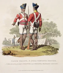 Inheemse Troepen in Dienst van de Oost-Indische Compagnie: een Sergeant van de Lichte Infanterie en een Soldaat van de Madras Sepoys, gegraveerd door Joseph Constantine Stadler, 1815 (aquatint)