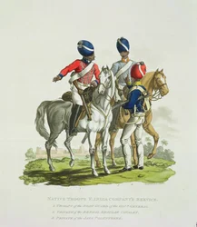 Inheemse troepen in dienst van de Oost-Indische Compagnie: een ruiter van de lijfwacht van de gouverneur-generaal, een soldaat van de Bengalese reguliere cavalerie en een soldaat van de Java Vrijwillige