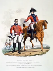 Uniformen van soldaten van het Royal Staff Corps, uit „Kostuums van het Britse Rijk volgens de laatste voorschriften“, gepubliceerd in 1813