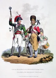 Uniformen van een tamboer-majoor van een regiment van de linie - pionier van de grenadiercompagnie, uit 