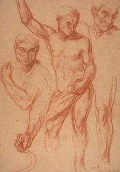 Studie van mannelijke figuur met herstudies van hoofd, armen, schouder en been (schetsen voor middenpaneel van "Herfst"), 8 april