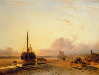 Strandscène met vissersboten
