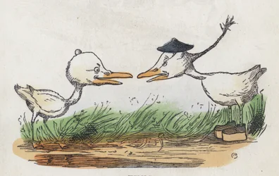Twee vogels tegenover elkaar (gekleurde gravure)