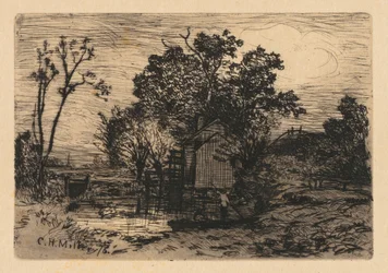 [Cottage en twee figuren in een boot], 1878