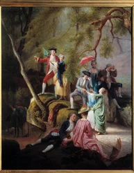 Landelijk vermaak Galante scène tijdens een wandeling van edelen. Schilderij door Charles Gustave Housez (1822-1880) 19e eeuw. Privécollectie