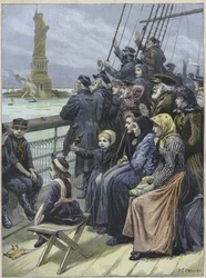 Joodse immigranten die in 1892 in New York, Verenigde Staten, aankomen - Joodse vluchtelingen uit Rusland die het kolossale standbeeld in de haven van New York passeren - gravure van Charles Joseph Staniland: “Aankomst van Joodse emigranten in New York in