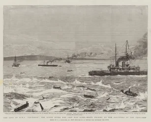 Het Verlies van HMS Victoria, de Scene na het Zinken van het Schip, Boten die de Overlevenden van het Vlaggenschip Oppikken