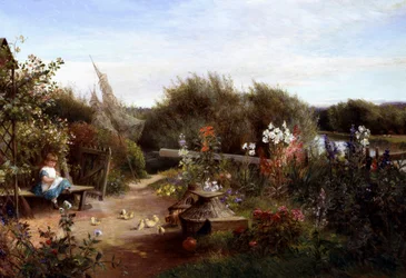 In de tuin. In een tuin geeft een klein meisje, zittend op een bankje, zaadjes aan kuikens. Schilderij van Charles James Lewis (1830-1892 Brits) Privécollectie