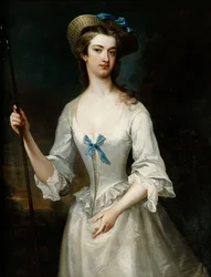 Portret van een Dame, Mogelijk de Hertogin van Ancaster, Driekwart Lengte, als een Herderin, in een Witte Satijnen Jurk en Hoed, in een Landschap