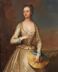 Portret in driekwart lengte van een dame in het wit met een strooien muts (olieverf op doek)