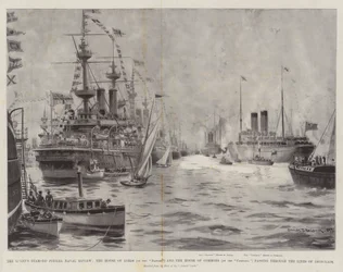 Het diamanten jubileum van de koningin, marine review, het Hogerhuis (op de Donau) en het Lagerhuis (op de Campania) passeren door de linies van ijzeren schepen