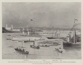 Het bezoek van de Duitse keizer aan Palestina, het koninklijke jacht Hohenzollern met escorte van schepen die de Bosporus binnenvaren