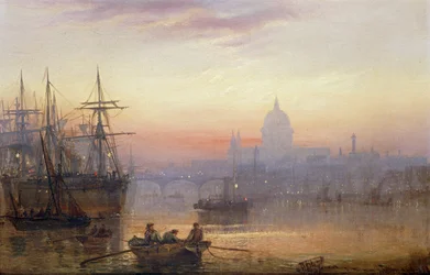 De haven van Londen bij zonsondergang