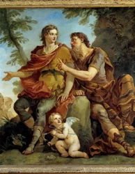 Geschiedenis van Telemachus: “Telemachus luistert naar de raad van Mentor”. Schilderij van Charles Joseph Natoire (Charles-Joseph Natoire)