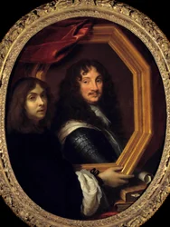 Portret van de kunstenaar (of zelfportret) met het portret van een militair. Schilderij door Charles Lebrun