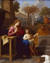 De Heilige Familie in Egypte met het kind Jezus die een Hebreeuwse tekst leest