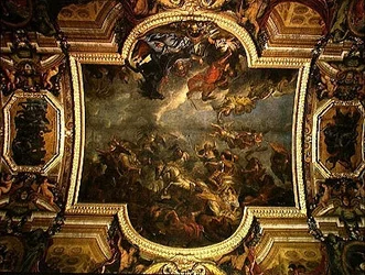 Uitzicht op De koning neemt Maastricht in dertien dagen in 1673 en de oversteek over de Rijn in aanwezigheid van de vijanden in 1672, plafondschildering uit de Galerie des Glaces
