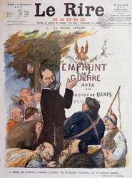 Eerste Wereldoorlog (1914-1918): Cartoon over de promotie van oorlogslening, bron van inkomsten voor profiteurs verrijkt door de handel in kolen, munitie en vee - Tekening door Charles Leandre (1862-1934), voor de cover van Le Rire Rouge