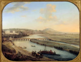 Uitzicht op Seguin-eiland, de brug van Sevres en Saint Cloud Panorama vanuit het westen van Parijs. (schilderij door Charles Grevenbroeck (? -1758)) 1738