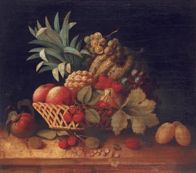Druiven, pruimen, kersen, perziken, een appel, een ananas en een meloen, in een rieten mand