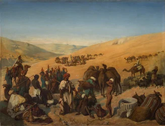 Rust van Karavanen bij de Putten van Saba Beersheba in de Woestijn ten Zuiden van Hebron, 1850