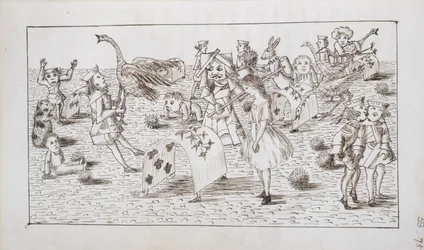 Alice en de Rode Koningin spelen croquet, illustratie uit hoofdstuk IV van 