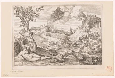 Landschap met Andromeda bewaakt door de draak en Perseus aanvliegend in een wolk