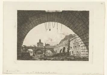 Gezicht op Pont-Neuf van onder boog Pont-au-Change in Parijs