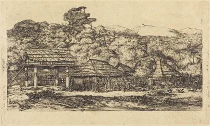 Inheemse schuren en hutten in Akaroa, Banks Peninsula, 1845