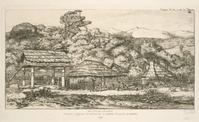 Inheemse graanschuren en woningen in Akaroa, Banks-schiereiland, illustratie uit 