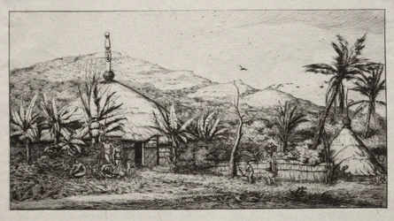 Nieuw-Caledonië: Grote Inheemse Hut aan de Weg van Balade naar Puebo, 1845