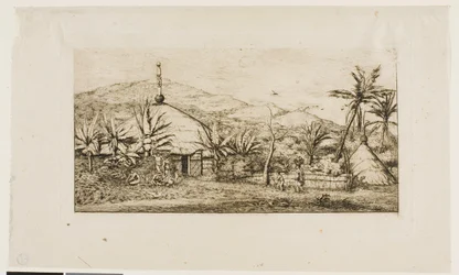 Nieuw-Caledonië: Grote Inheemse Hut aan de Weg van Balade naar Puépo, 1845