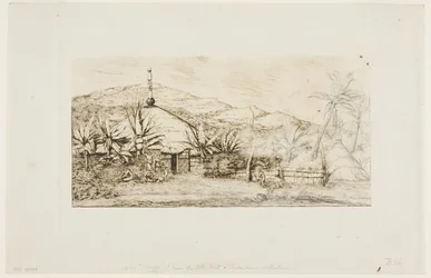 Nieuw-Caledonië: Grote inheemse hut aan de weg van Balade naar Puépo, 1845