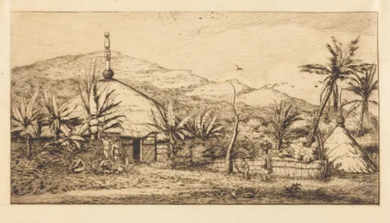 Nieuw-Caledonië: Grote inheemse hut langs de weg van Balade naar Poepo, 1845 (New Caledonia: Large Native Hut on the Road from Balade to Puebo, 1845)
