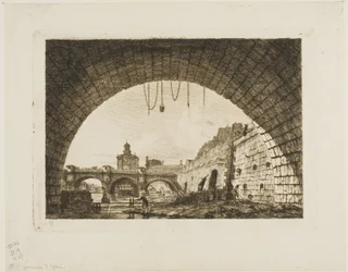 Pont-Neuf en de Samaritaine gezien van onder de eerste boog van de Pont-au-Change, Parijs