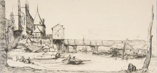 De voetgangersbrug die tijdelijk de Pont-au-Change vervangt, Parijs, na de brand van 1621