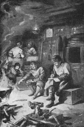 William Barents schrijft zijn dagboek terwijl hij de winter doorbrengt in een hut op Nova Zembla