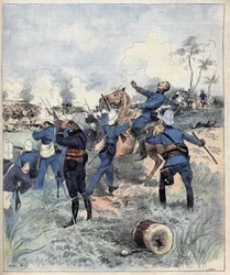 Commandant Faurax stierf in de slag bij Dogba op 19 september 1892 in Dahomey (nu Benin) na de aquarel van Morel uit 1892