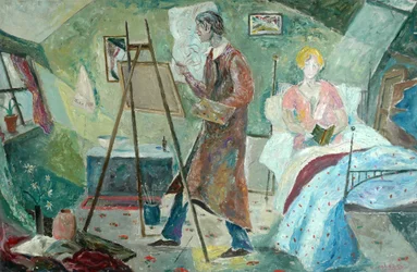 Zelfportret, de kunstenaar in zijn atelier (olieverf op hardboard)