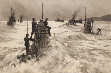 Nieuwe Britse onderzeeërs verlaten Milford Haven (Engeland), om in actie te komen. Tekening en gewassen (30.4x45.5 cm) door Charles M. Padday () , begin 20e eeuw.