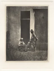 Planche IV - Pifferaro Debout et Paysanne Italienne Assise, dans la Cour du 21 Quai Bourbon (Plaat IV - Pifferaro staand en Italiaanse boer zittend, in de Hof van 21 Quai Bourbon),1854, gedrukt 1982 (foto)