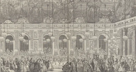 Decoratie voor een gemaskerd bal in Versailles, ter gelegenheid van ..., ca. 1860 herdruk van 1764 plaat