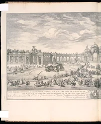 Gebonden prent, Perspectivisch gezicht op de decoratie die op het terras van het Kasteel van Versailles werd opgericht voor de verlichting en het vuurwerk dat werd afgestoken ter gelegenheid van het huwelijk van Madame Louise-Élisabeth van Frankrijk met
