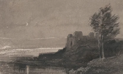 Een kasteel aan het water bij maanlicht